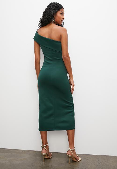 VELVET - Off the shoulder formal bodycon dress with slit - emerald