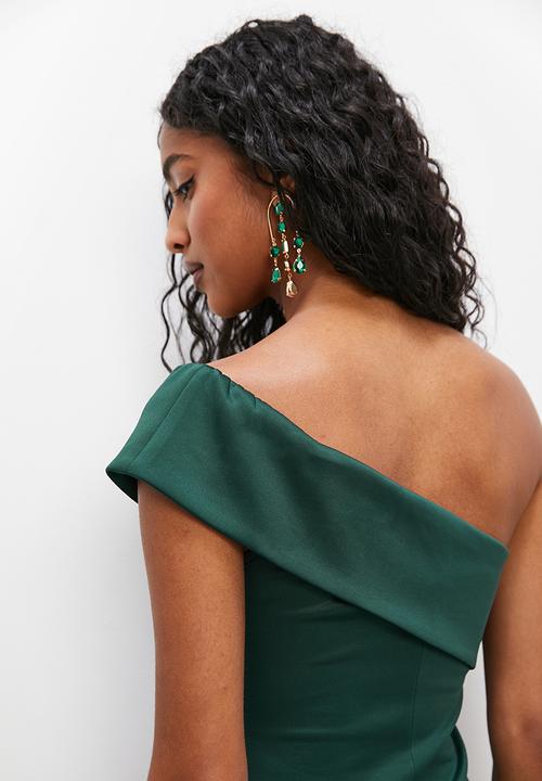 VELVET - Off the shoulder formal bodycon dress with slit - emerald