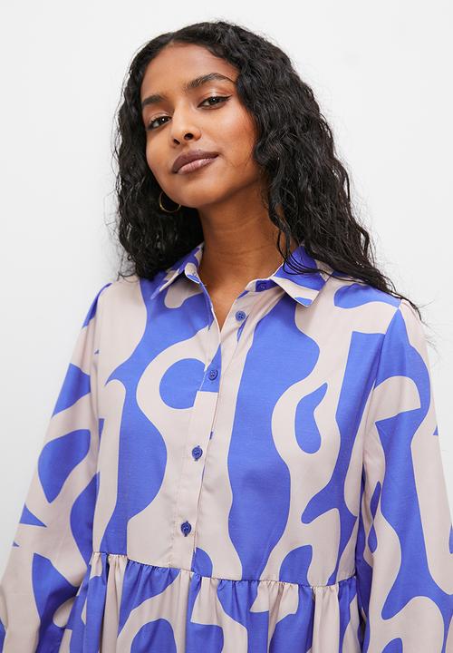 Superbalist - Tiered shirt dress - blue abstract1