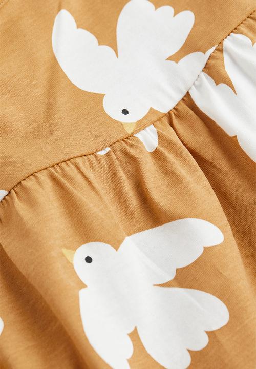 H&M - Patterned cotton jersey dress - mustard yellow/birds