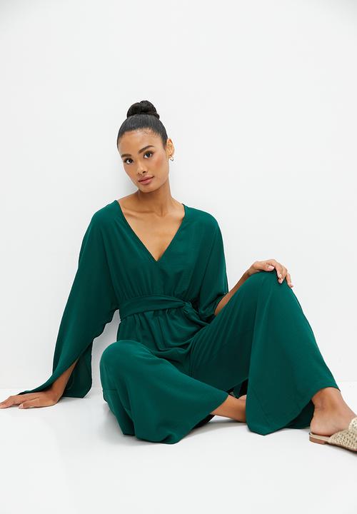 edit - Statement sleeve self tie jumpsuit - bottle green