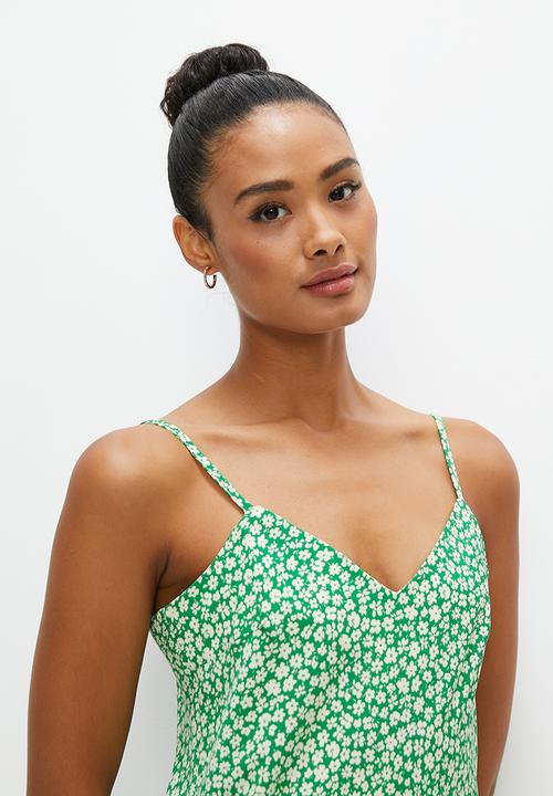 edit - Print mix satin  slip dress - green ditsy