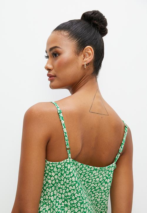 edit - Print mix satin  slip dress - green ditsy