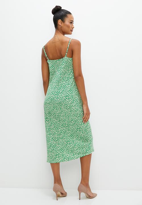 edit - Print mix satin  slip dress - green ditsy