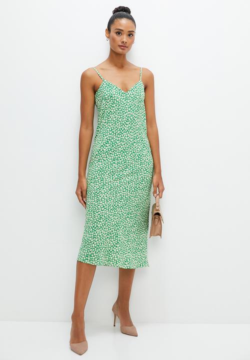 edit - Print mix satin  slip dress - green ditsy