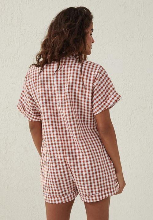 Cotton On - Button up beach playsuit - neutral gingham