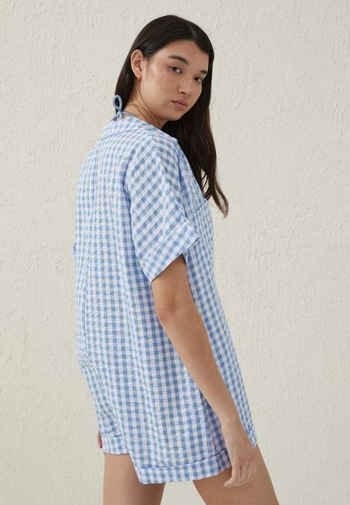 Cotton On - Button up beach playsuit - powder sky gingham