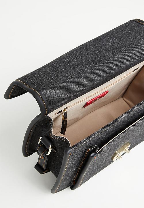 POLO - Denim flapover sling bag- black