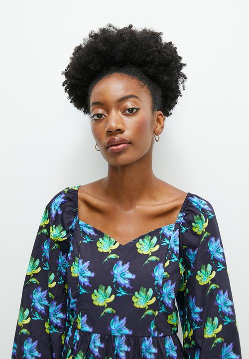 edit - Balloon sleeve midi with open back detail - black floral burst