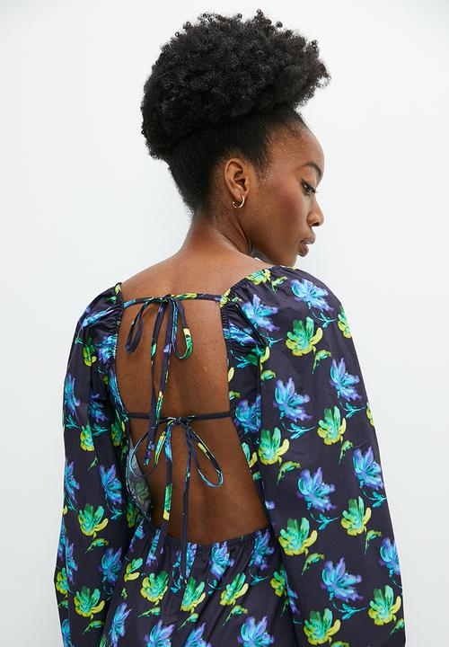 edit - Balloon sleeve midi with open back detail - black floral burst