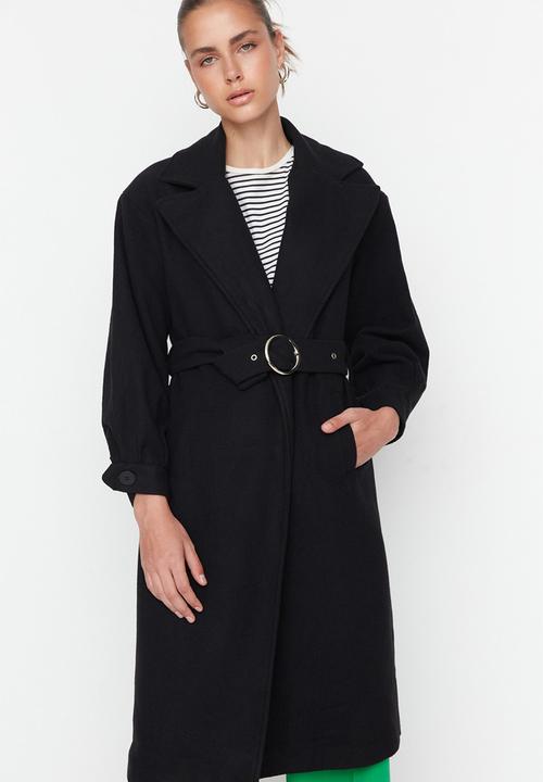 Trendyol - Wide cut ring buckle belt long coat - black