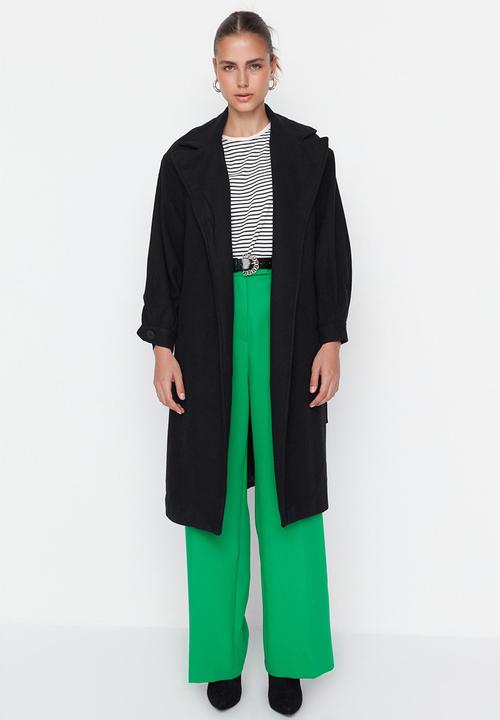 Trendyol - Wide cut ring buckle belt long coat - black