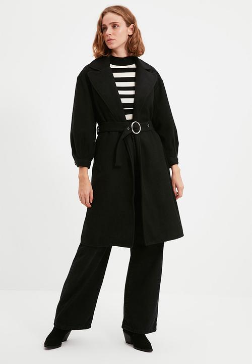 Trendyol - Wide cut ring buckle belt long coat - black