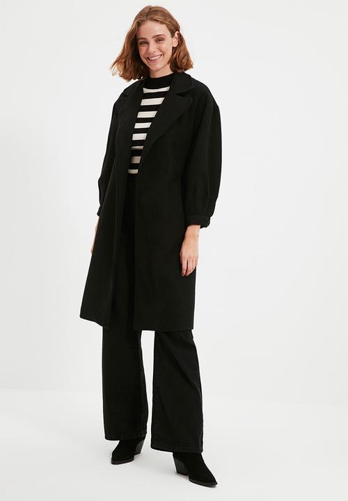 Trendyol - Wide cut ring buckle belt long coat - black