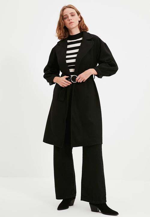 Trendyol - Wide cut ring buckle belt long coat - black