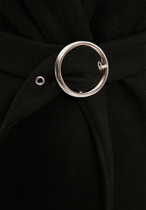 Trendyol - Wide cut ring buckle belt long coat - black