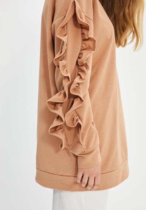 Trendyol - Sleeve frilly knitted sweatshirt - beige