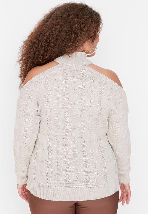 Trendyol - Plus shoulder cut out crew neck knit sweater - beige