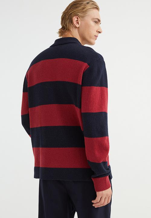 H&M - Relaxed fit wool polo shirt - dark red/striped