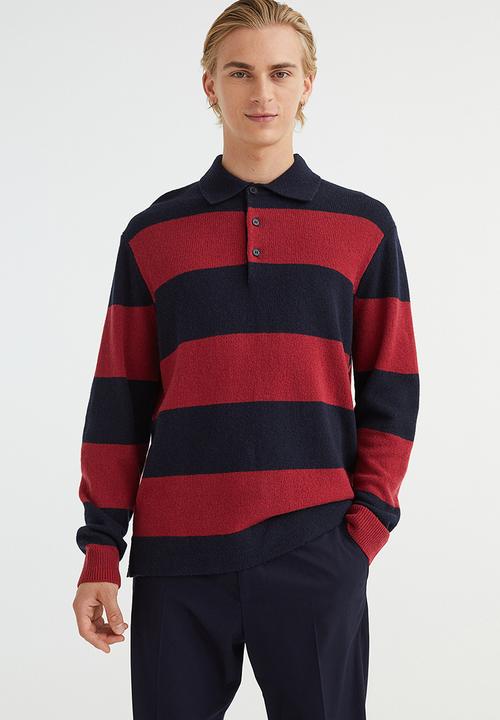 H&M - Relaxed fit wool polo shirt - dark red/striped