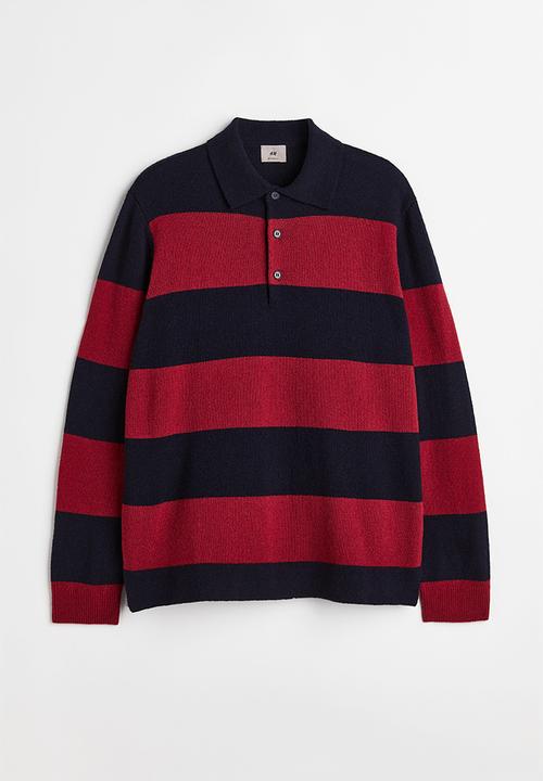 H&M - Relaxed fit wool polo shirt - dark red/striped