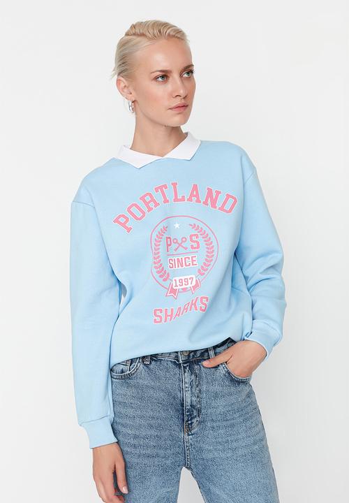 Trendyol - Printed polo collar fleece sweatshirt  - light blue