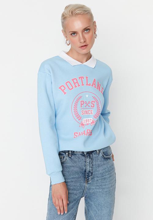 Trendyol - Printed polo collar fleece sweatshirt  - light blue