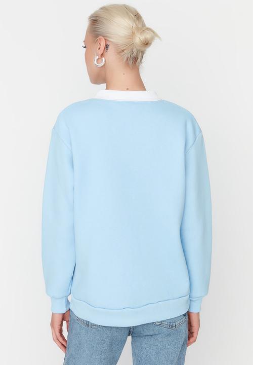 Trendyol - Printed polo collar fleece sweatshirt  - light blue