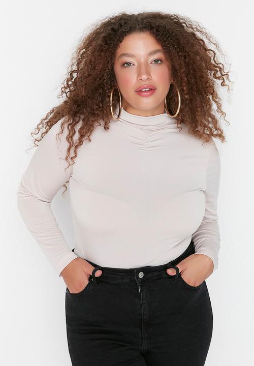 Trendyol - Plus ruche detail bodysuit  - beige