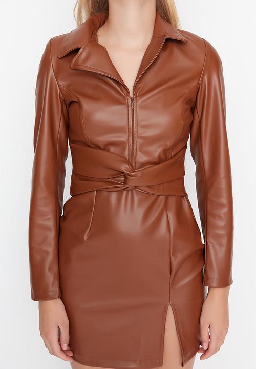 Trendyol - Faux leather thigh slit dress - brown