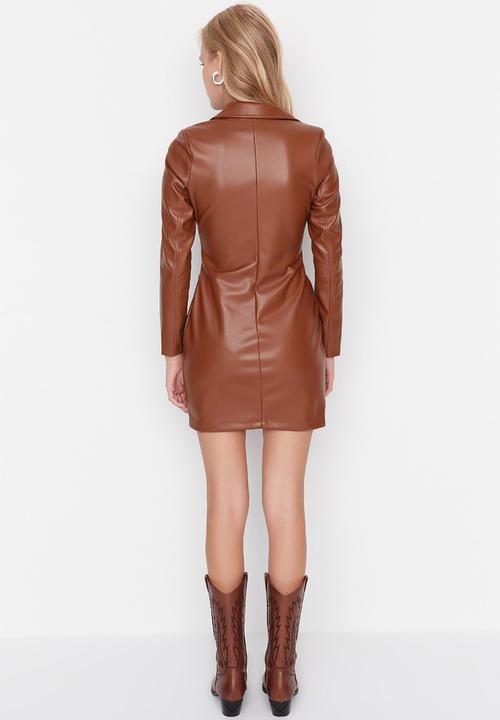Trendyol - Faux leather thigh slit dress - brown