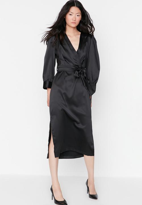 Trendyol - Satin tie waist dress - black