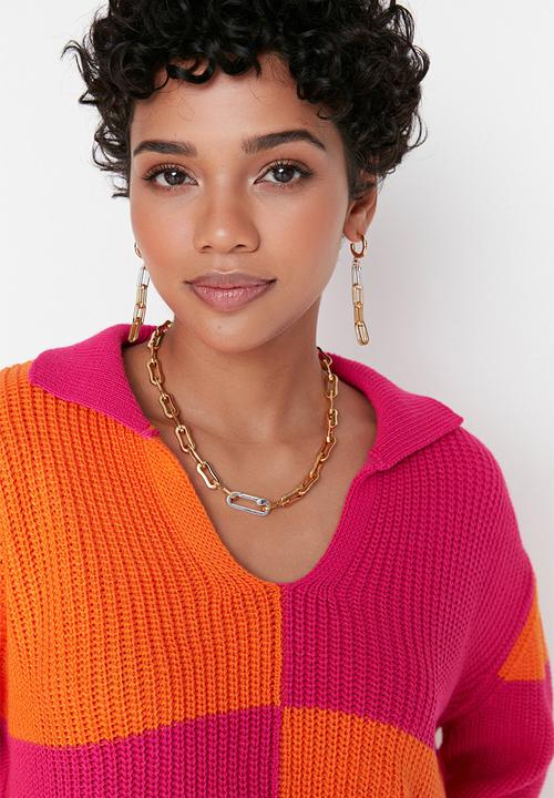 Trendyol - Crop colour block knit sweater - fuchsia & orange 