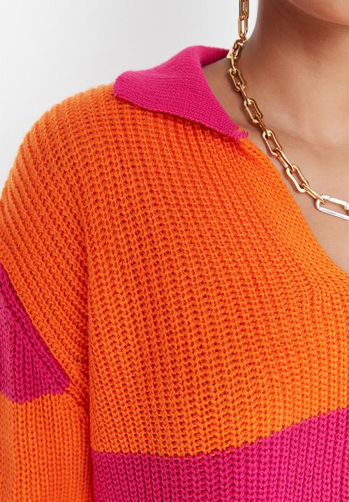 Trendyol - Crop colour block knit sweater - fuchsia & orange 