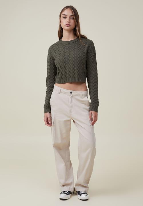 Cotton On - crop cable crew - soft olive