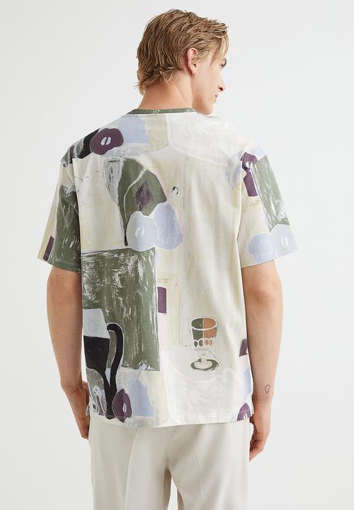 H&M - Relaxed fit patterned cotton T-shirt - light beige/patterned