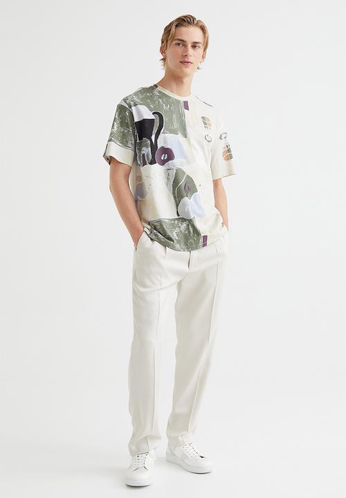 H&M - Relaxed fit patterned cotton T-shirt - light beige/patterned