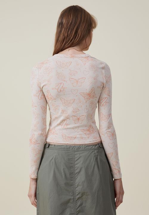 Cotton On - Fitted rib graphic long sleeve top - tattoo yardage/stone