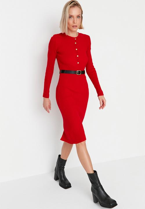 Trendyol - Belted knit dress - red