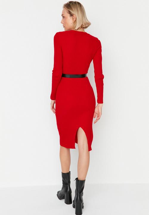 Trendyol - Belted knit dress - red