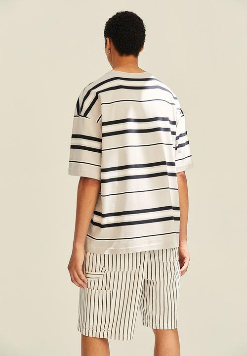 H&M - Oversized fit cotton T-shirt - light grey/striped