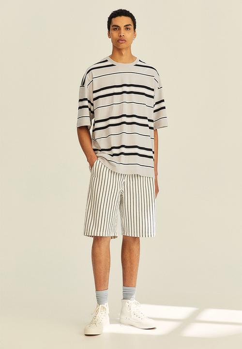 H&M - Oversized fit cotton T-shirt - light grey/striped