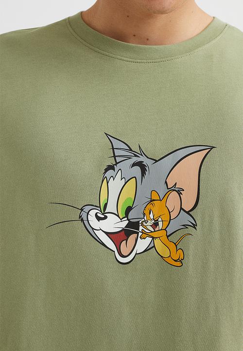 H&M - Relaxed fit printed jersey top - sage green/tom and jerry