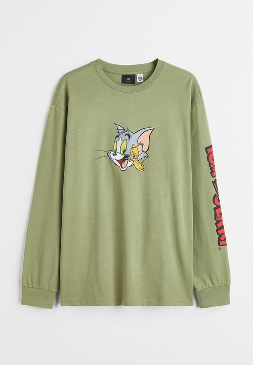 H&M - Relaxed fit printed jersey top - sage green/tom and jerry