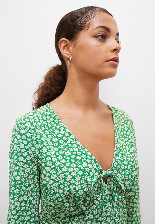 Blake - Front tie detail mini dress - green ditsy