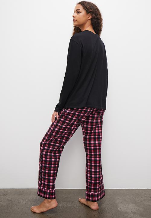Blake - Long sleeve top & flannel pants set -  black & pink check