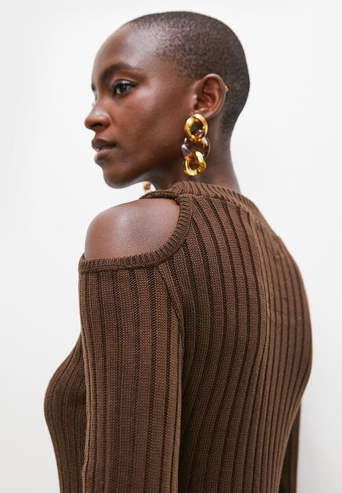 Superbalist - Cut away shoulder column knitwear dress - brown