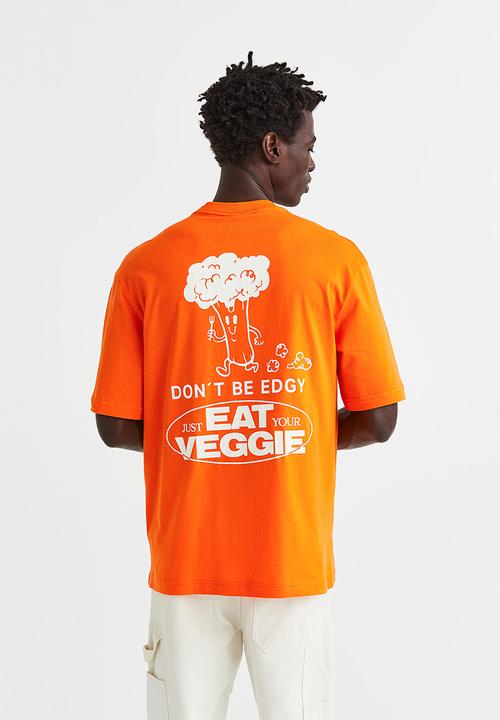 H&M - Relaxed fit printed T-shirt - orange/eat veggie
