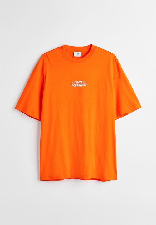 H&M - Relaxed fit printed T-shirt - orange/eat veggie