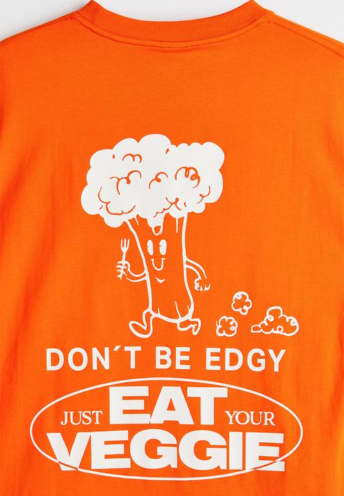 H&M - Relaxed fit printed T-shirt - orange/eat veggie